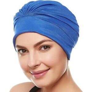 Beemo Swim Caps for Women Swimming Turban Polyester Latex Lined Pleated - R Blue
